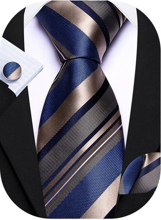 Barry.Wang Men Brown Blue Ties Silk Striped Necktie Handkerchief Cufflinks Set Woven Wedding Formal
