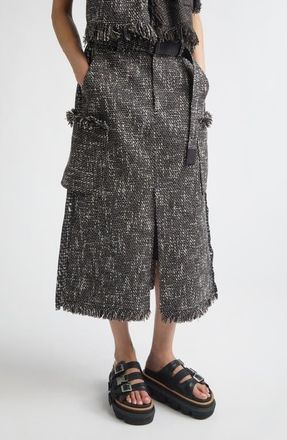 sacai Mixed Media Fringe Tweed & Chiffon Skirt in Black at Nordstrom, Size 3