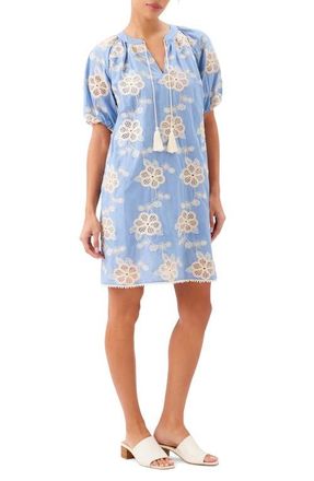 Karen Kane Embroidered Puff Sleeve Tassel Tie Dress in Chambray/Natural at Nordstrom, Size X-Large