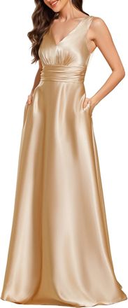 Ever-pretty Women Dress Midi Bridesmaid Dress High-Low Chiffon with Double V and Long Sleeve Elegant Wedding Guest Dress Champagne 18UK