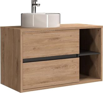 Vente-Unique Mueble de ba&ntilde;o suspendido con lavabo redondo - Color natural - 100 cm - PURNAL