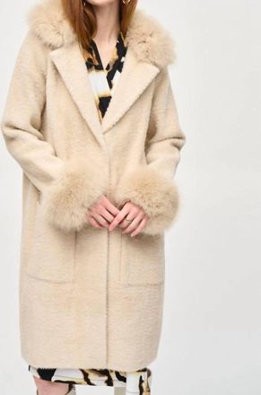 Joseph Ribkoff Detachable Faux Fur Trim Long Sleeve Coat In Champagne