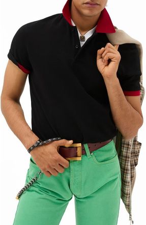 Versace Embroidered Medusa Cotton Piqu&eacute; Polo in Black Lipstick Red at Nordstrom, Size X-Large