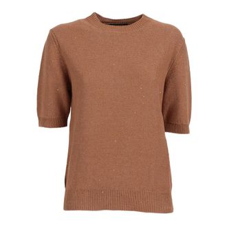 Fabiana Filippi Maglia Girocollo Manica Corta in Paillettes Lino - Dames - Ronde hals truien - Beige - M - Katoen - Truien & Vesten
