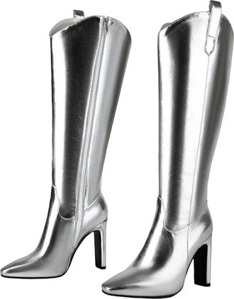 Generic Womens Fashion Knee High Boots Pointed Toe Super High Square Heel With Side Zipper For Wide Calf Fit Party Wear