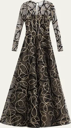 Naeem Khan Metallic Raffia Jewel-Neck Long-Sleeve Gown