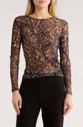 AllSaints Elia Long Sleeve Ruched Mesh Top in Jinx Golden Brown at Nordstrom Rack, Size 12 Us / 16 Uk