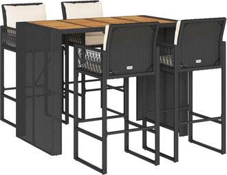 vidaXL 5 Piece Garden Bar Set with Cushions Black Poly Rattan Acacia vidaXL