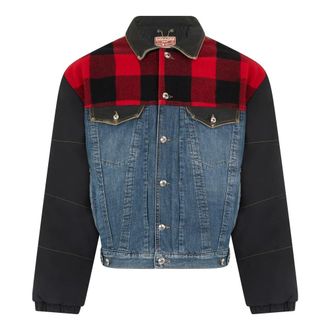 Diesel Denim Jackets, male, Blue, Size: S Padded jacket with denim and tartan pattern