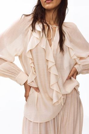 H&M Flounce-trimmed Blouse in Powder Pink at Nordstrom, Size X-Small