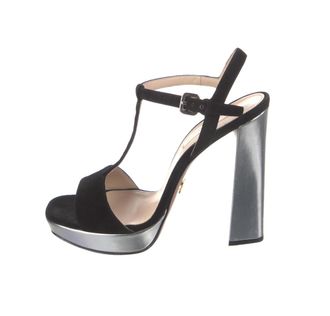 Prada Black Suede Silver Platform Sandals Size 39