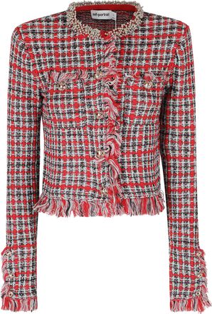 Self Portrait Red Fringed Checkered Jeweled Button Cardigan