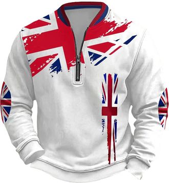 Generic Mens Union Jack Sweatshirt 1/4 Zip Long Sleeve Jumpers Bunting Flags Print Great Britain Pullover Winter Warm Tops Plus Size (B7-White, L)
