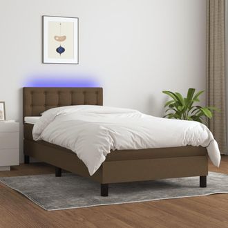 vidaXL Cama Box Spring Colch&oacute;n Y Luces Led Tela Marr&oacute;n Oscuro 90x200cm Vidaxl