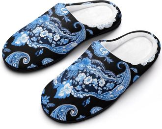 Generic Blue Paisley Pattern Mens Slippers Slip On Comfortable Fleece Cotton House Shoes Winter