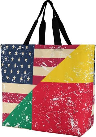Generic U.S.A And Benin Vintage Flag Reusable Shopping Bags One Shoulder Grocery Tote Bag Waterproof Big Purse for Work Travel