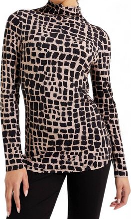 Joseph Ribkoff Mock Neck Animal Print Top In Black/latte