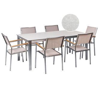 Beliani Conjunto De Jard&iacute;n Moderno 6 Plazas De Acero Inoxidable Mesa Comedor Tablero De Vidrio Blanco Sillas De Textileno Beige Cosoleto/grosseto
