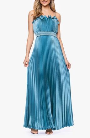 Betsy & Adam Ruffle Trim Pleated Gown in Dark Aqua at Nordstrom, Size 10