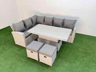 Fimous 8 Seat Garden Furniture Corner Sofa with Armchair 2 Small Footstools in Light Grey