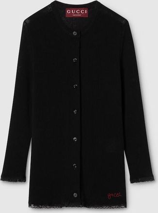 Gucci Cotton Rib Cardigan With Embroidery, Black, Ready-to-wear