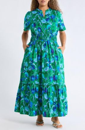 Sugarlips Lomeli Floral Split Neck Cotton Dress in Kelly-Blues-Multi at Nordstrom, Size 3X