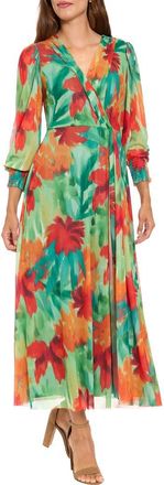 London Times Long Sleeve Mesh Maxi Dress in Orange Green at Nordstrom Rack, Size X-Small