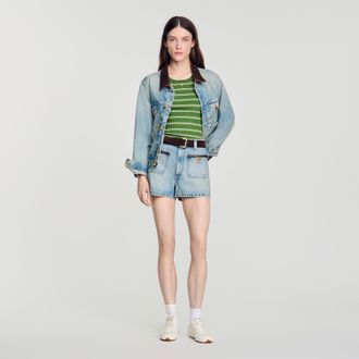 Sandro Denim shorts with leather detail