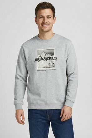 Jack & Jones Kapuzensweatshirt JACK & JONES JCOFLARE FRONT PRINT SWEAT CREW NECK, Herren, Gr. XS, light grau melange, angeraute Sweatware, Obermaterial: 70% Baumwo