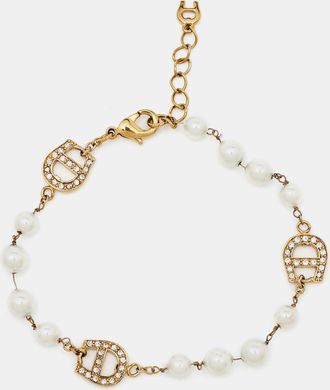 Aigner Gold Tone Crystal Logo Faux Pearl Station Bracelet