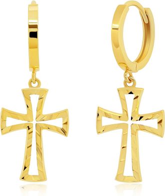 MAX + STONE 14k Yellow Gold Small Huggie Dangle Hoop Earrings with 10mm Diamond Cut Cross