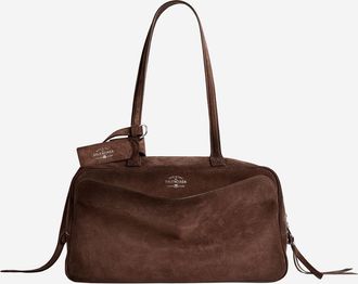 Balenciaga Womens Suede Bowling Bag With Embossed Logo Brown Calfskin Leather Shoulder