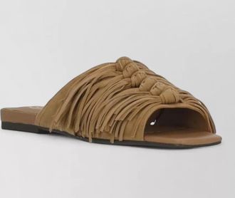Ash leather flat slides round toe fringe