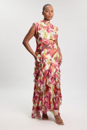 Karen Millen Womens Plus Size Crinkle Floral Print Beaded High Neck Maxi Dress - Size 18 UK