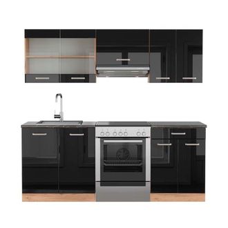 Vicco Cucina componibile R-Line, Rovere nero/oro lucido, 200 cm, pl Antracite