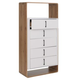 Hhg [nunca Usado] Aparador Alto Hhg-816, Aparador Con 5 Cajones De Mdf, 155 X 80 X 41 Cm, Acabado Roble Wotan, Blanco