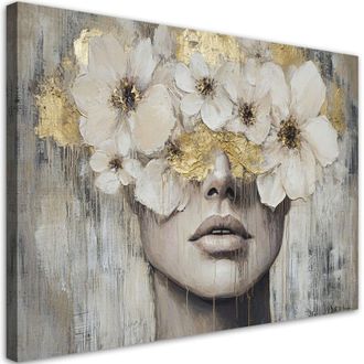 Artgeist Quadro su tela, Donna Fiori Beige dorato - 100x70