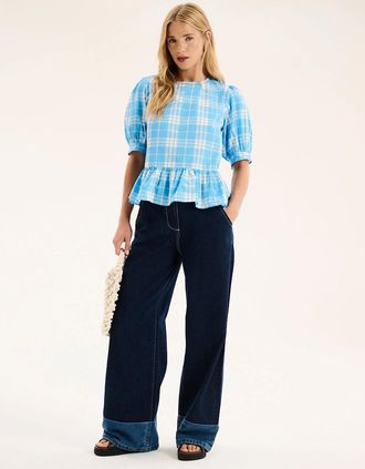 Omnes Womens Ellie Frill Hem Puff Sleeve Printed Cotton Blouse - Blue - Size: 20