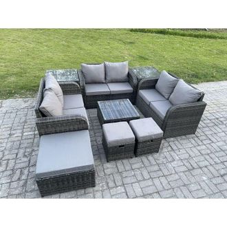 Fimous 9 Seater Outdoor Garden Furniture Sets Wicker Rattan Furniture Sofa Sets with Square Coffee Table Love seat Sofa 3 Footstools 2 Side Tables - Fimous