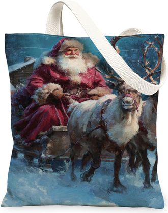 Generic Christmas Reindeer Canvas Tote Bags, Holiday Vintage Design Lightweight Washable Shoulder Strap Canvas Bags for Grocery Sho, Red, 13x15 Inch