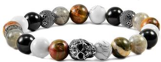 Crucible Jewelry Crucible Los Angeles Single Skull Stretch Bracelet with 10mm Polished Black Onyx, Labradorite, Howlite and Picasso Jasper Beads