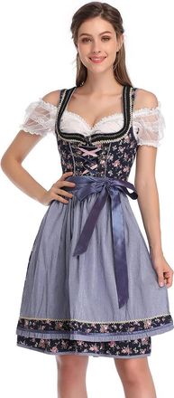 KOJOOIN Women Traditional Dirndl Oktoberfest Costume 3 Pieces Fancy Midi Skirt - Dress, Blouse, Apron Navyblue-Pink UK XL