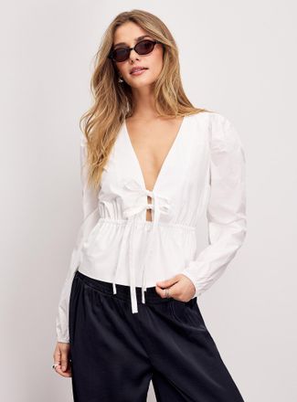 Icone Womens Poplin tie-waist plunging V-neck blouse