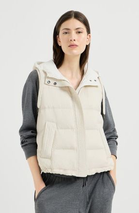 Brunello Cucinelli Lightweight matte nylon down vest with hood and shiny trim in Milk at Nordstrom, Size 46