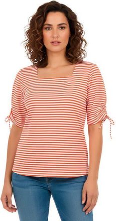 Jessica London Stretch Cotton Tie Sleeve Square Neck Tee in Burnt Red Feeder Stripe at Nordstrom, Size Medium