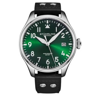 St&uuml;hrling Mens Airman 4078 Quartz Mens 43mm Pilot Watch - Green Stainless Steel - One Size