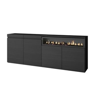 Skraut Home Aparadores Para Sal&oacute;n, Gran Capacidad De Almacenaje, 200x75x35cm, 4 Puertas, Chimenea El&eacute;ctrica, Estilo Moderno, Negro - Skraut Home
