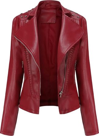 Dissa Womens Burgundy Stylish Faux Leather Jacket Lapel Zipper Slim Short Biker Jacket,XXL,C08N