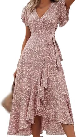 Generic Womens Floral Vacation Dresses, Summer Maxi Trendy Flowy Beach Vacation Wedding Guest Long V Neck A-Line Dresses (Pink,XXL)