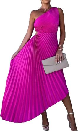 Generic Sexy One Shoulder Hollow Out Asymmetric Dress Female Solid Color Slim Fit Evening Dress 05 Rose Red L